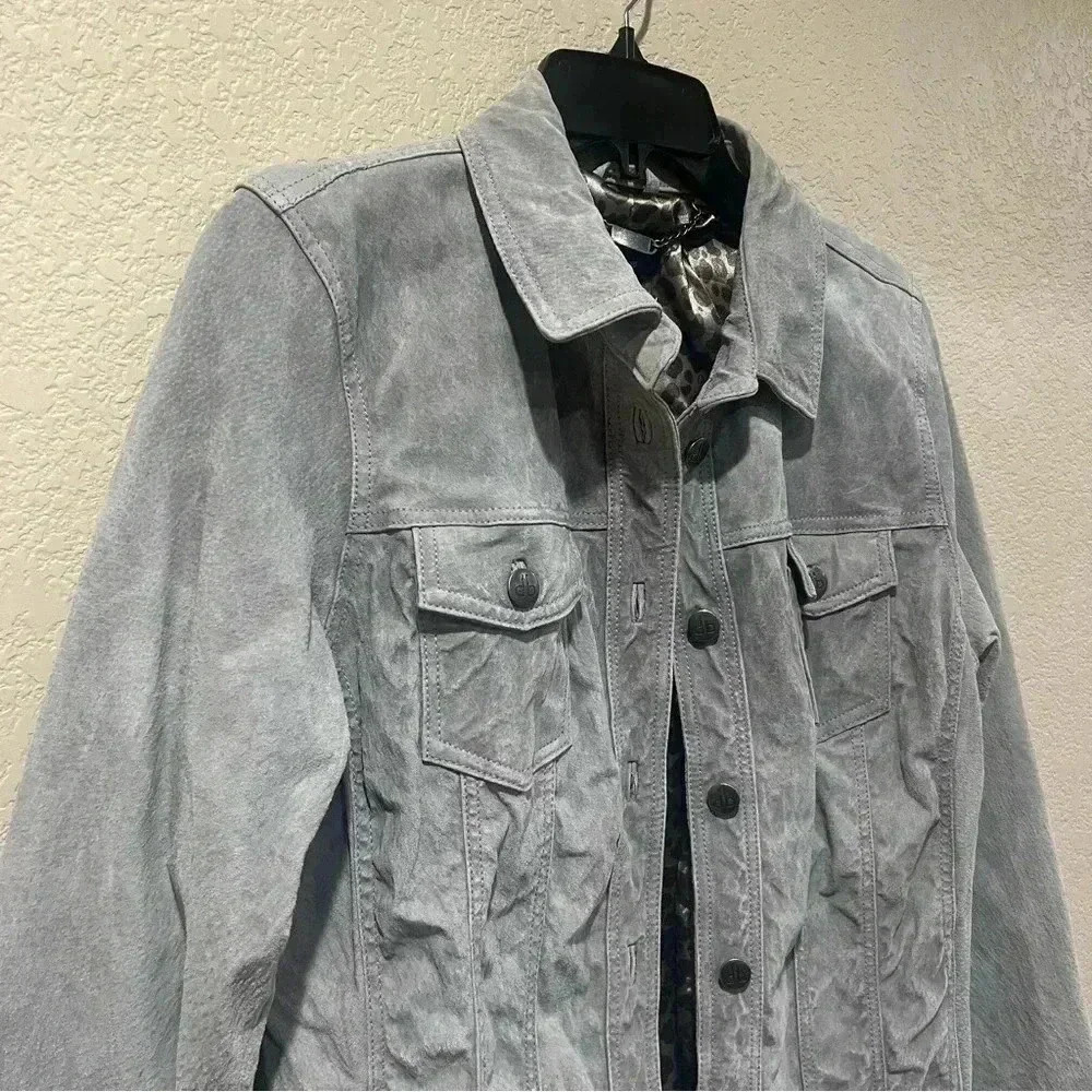 Dennis Basso Suede Leather Button Front Jacket Gray Women’s Size Medium Washable - Picture 3 of 16